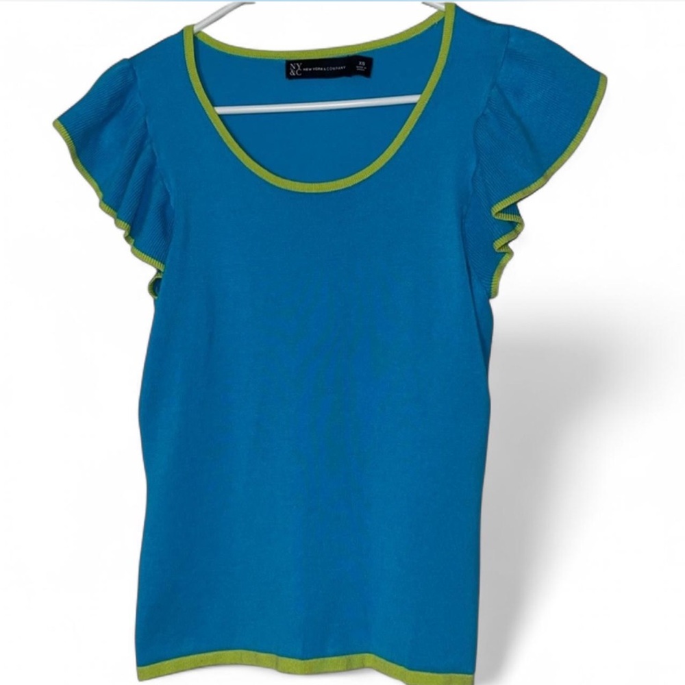 New York & Company Ruffle Cap Sleeve Top XS Blue With Lime Green Trim